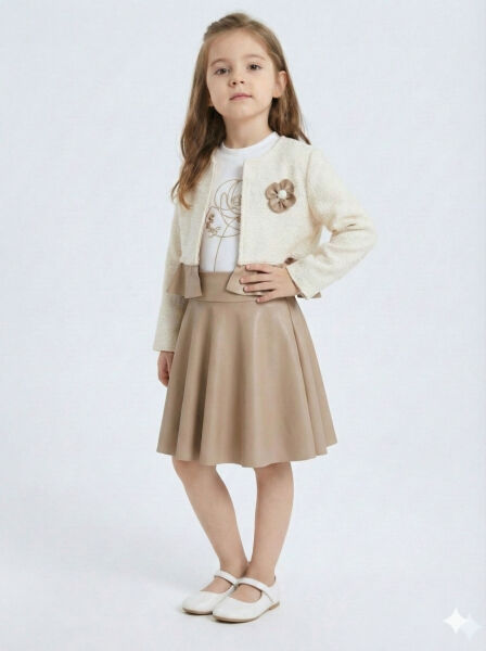 Çiçek Detaylı Tüvit Ceketli Deri Etekli Kız Çocuk 3'lü Takım 4-10 Yaş 4413 Beyaz - Kahverengi - 4