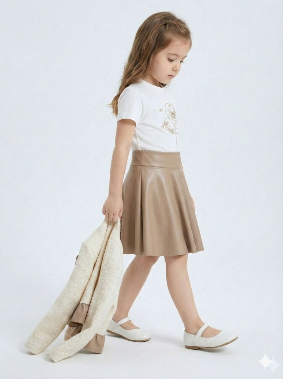 Çiçek Detaylı Tüvit Ceketli Deri Etekli Kız Çocuk 3'lü Takım 4-10 Yaş 4413 Beyaz - Kahverengi - 5
