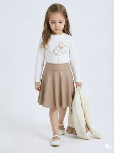 Çiçek Detaylı Tüvit Ceketli Deri Etekli Kız Çocuk 3'lü Takım 4-10 Yaş 4413 Beyaz - Kahverengi - 6