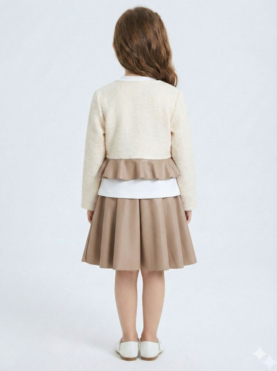 Çiçek Detaylı Tüvit Ceketli Deri Etekli Kız Çocuk 3'lü Takım 4-10 Yaş 4413 Beyaz - Kahverengi - 7