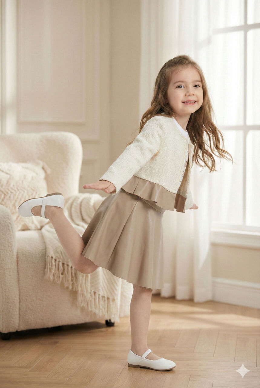 Çiçek Detaylı Tüvit Ceketli Deri Etekli Kız Çocuk 3'lü Takım 4-10 Yaş 4413 Beyaz - Kahverengi - 8