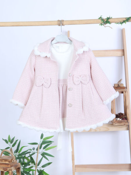 Kız Çocuk Kurdele Detaylı Parlak Kumaşlı 2'li Elbise ve Kaban Takmı 1-6 Yaş 4417 Pembe - 11