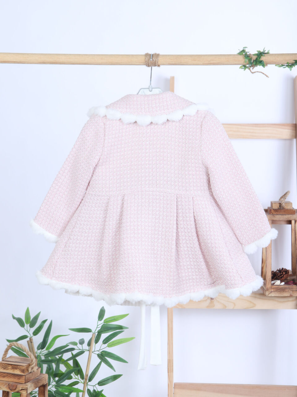 Kız Çocuk Kurdele Detaylı Parlak Kumaşlı 2'li Elbise ve Kaban Takmı 1-6 Yaş 4417 Pembe - 12