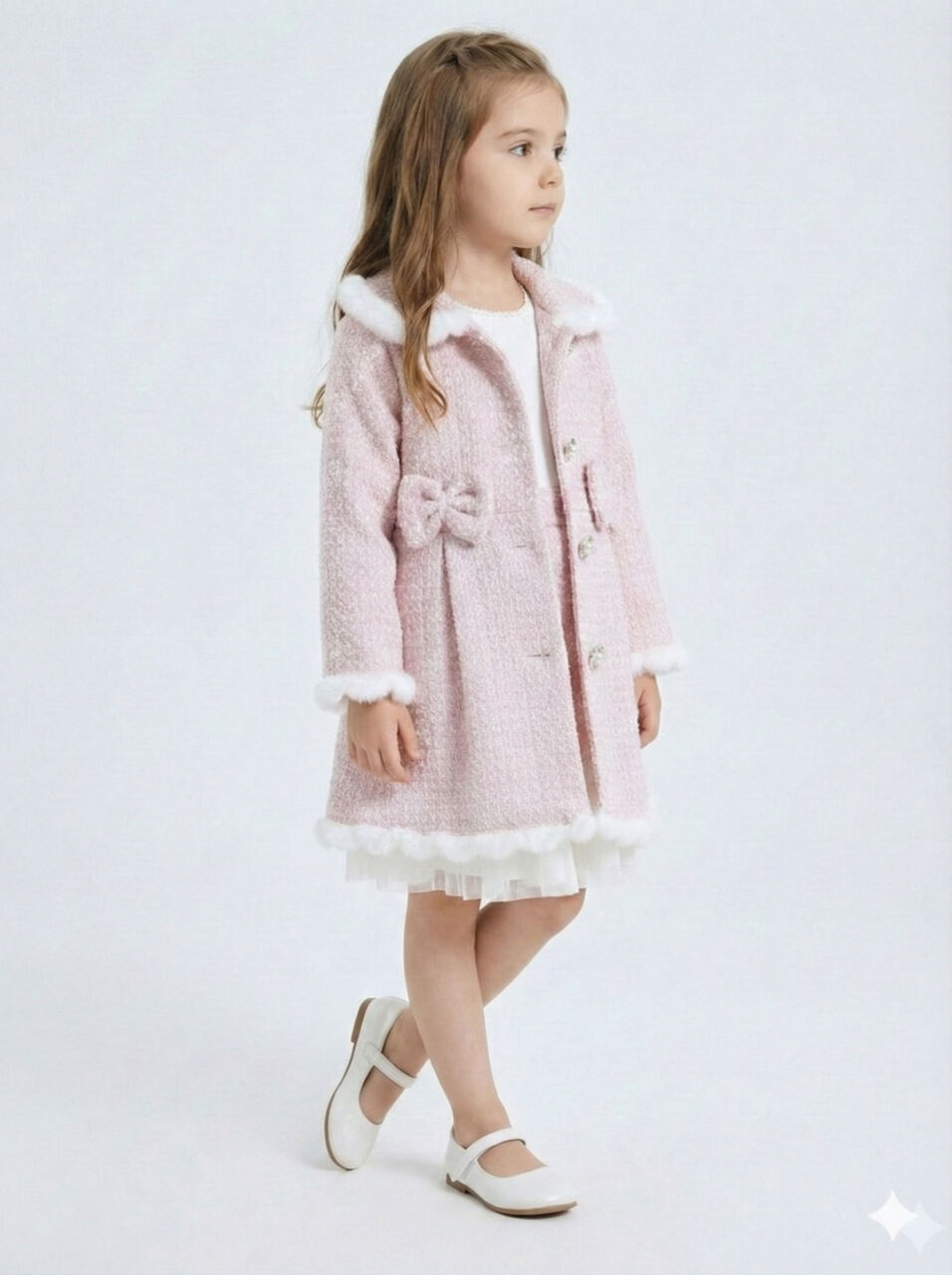 Kız Çocuk Kurdele Detaylı Parlak Kumaşlı 2'li Elbise ve Kaban Takmı 1-6 Yaş 4417 Pembe - 4