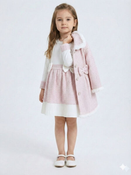 Kız Çocuk Kurdele Detaylı Parlak Kumaşlı 2'li Elbise ve Kaban Takmı 1-6 Yaş 4417 Pembe - 9