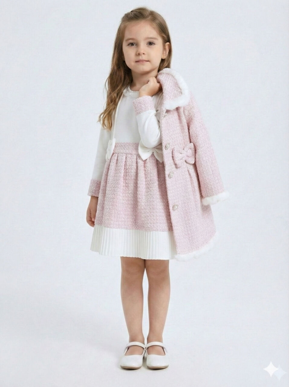 Kız Çocuk Kurdele Detaylı Parlak Kumaşlı 2'li Elbise ve Kaban Takmı 1-6 Yaş 4417 Pembe - 9