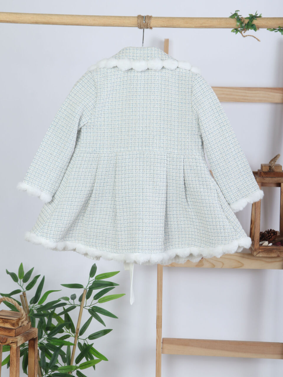 Kız Çocuk Kurdele Detaylı Parlak Kumaşlı 2'li Elbise ve Kaban Takmı 1-6 Yaş 4417 Mavi - 10