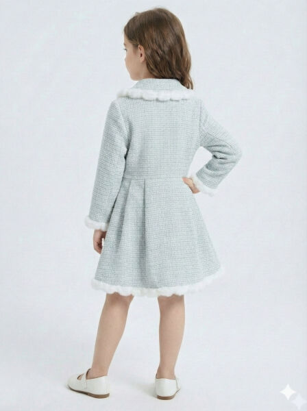 Kız Çocuk Kurdele Detaylı Parlak Kumaşlı 2'li Elbise ve Kaban Takmı 1-6 Yaş 4417 Mavi - 4