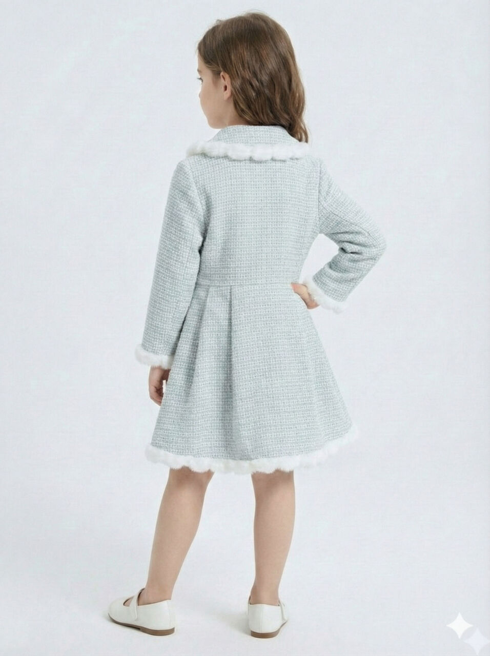 Kız Çocuk Kurdele Detaylı Parlak Kumaşlı 2'li Elbise ve Kaban Takmı 1-6 Yaş 4417 Mavi - 4