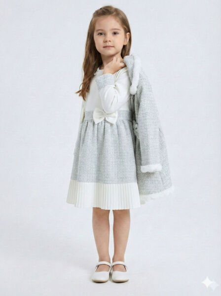 Kız Çocuk Kurdele Detaylı Parlak Kumaşlı 2'li Elbise ve Kaban Takmı 1-6 Yaş 4417 Mavi - 5