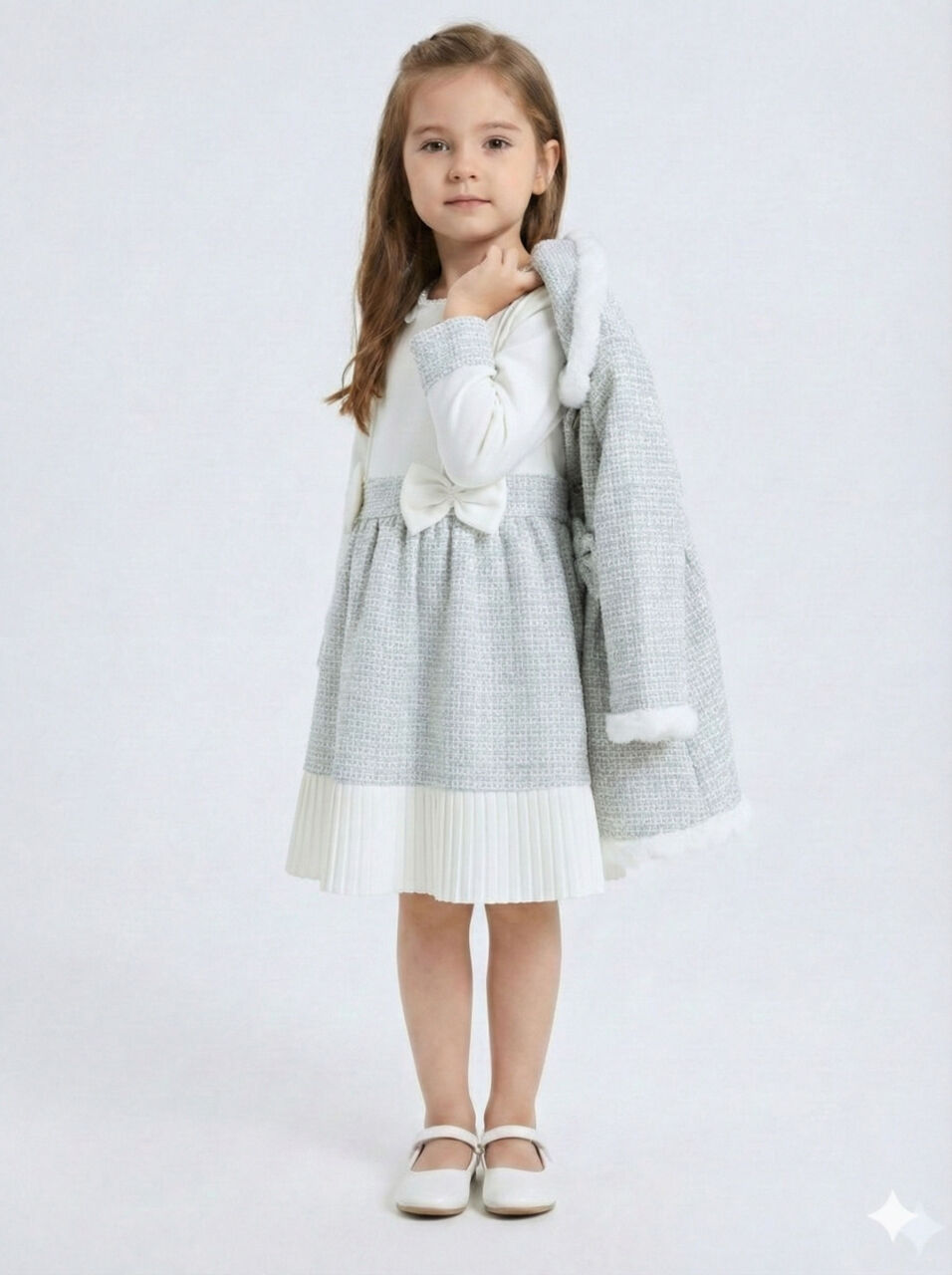 Kız Çocuk Kurdele Detaylı Parlak Kumaşlı 2'li Elbise ve Kaban Takmı 1-6 Yaş 4417 Mavi - 5