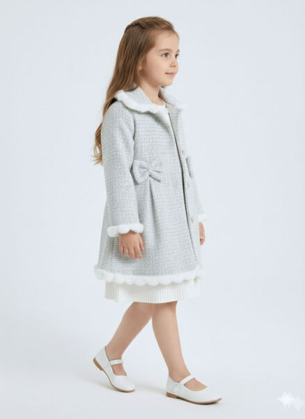 Kız Çocuk Kurdele Detaylı Parlak Kumaşlı 2'li Elbise ve Kaban Takmı 1-6 Yaş 4417 Mavi - 6