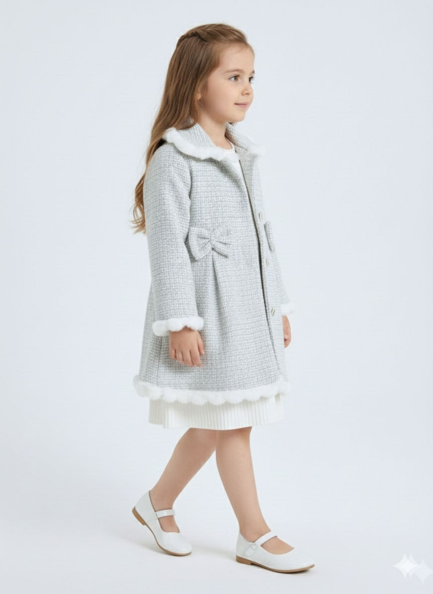 Kız Çocuk Kurdele Detaylı Parlak Kumaşlı 2'li Elbise ve Kaban Takmı 1-6 Yaş 4417 Mavi - 6