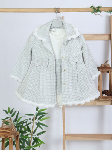 Kız Çocuk Kurdele Detaylı Parlak Kumaşlı 2'li Elbise ve Kaban Takmı 1-6 Yaş 4417 Mavi - 9