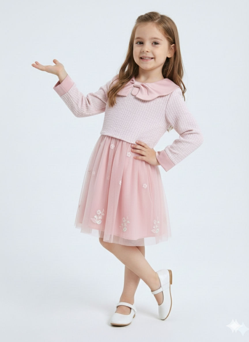 Bebe Yakalı Çiçek İşlemeli Tüllü Fiyonklu Kız Çocuk Elbise 3-8 Yaş 4423 Pembe - 4