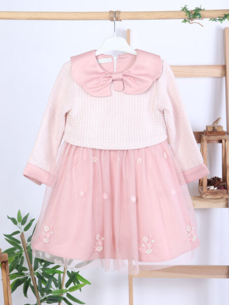 Bebe Yakalı Çiçek İşlemeli Tüllü Fiyonklu Kız Çocuk Elbise 3-8 Yaş 4423 Pembe - 5