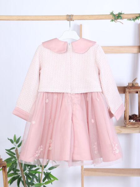 Bebe Yakalı Çiçek İşlemeli Tüllü Fiyonklu Kız Çocuk Elbise 3-8 Yaş 4423 Pembe - 6