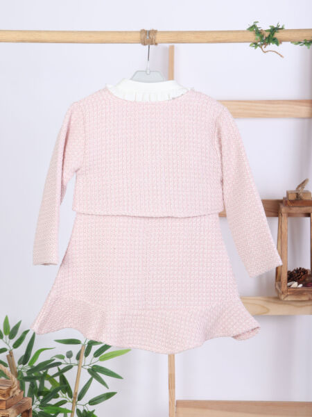 Bebe Yakalı Pudra Fiyonklu Tüvit Kız Çocuk 3'lü Ceketli Elbise Takmı 2-7 Yaş 4421 Pembe - 8