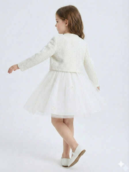 Cream-colored princess-style girl's dress with floral brooch and jacket, ages 4-10. 4422 - 3
