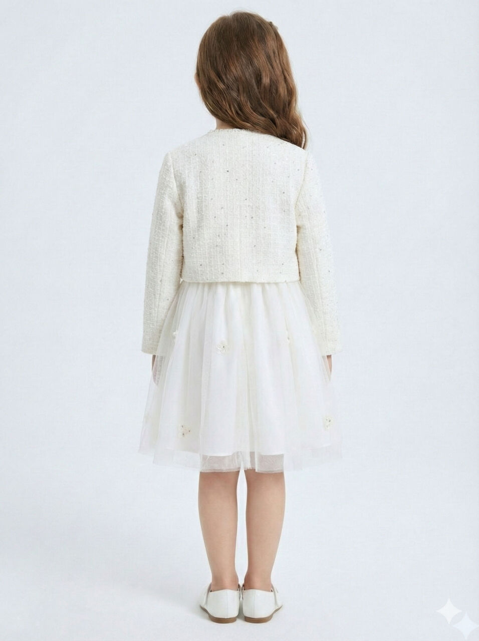 Cream-colored princess-style girl's dress with floral brooch and jacket, ages 4-10. 4422 - 4