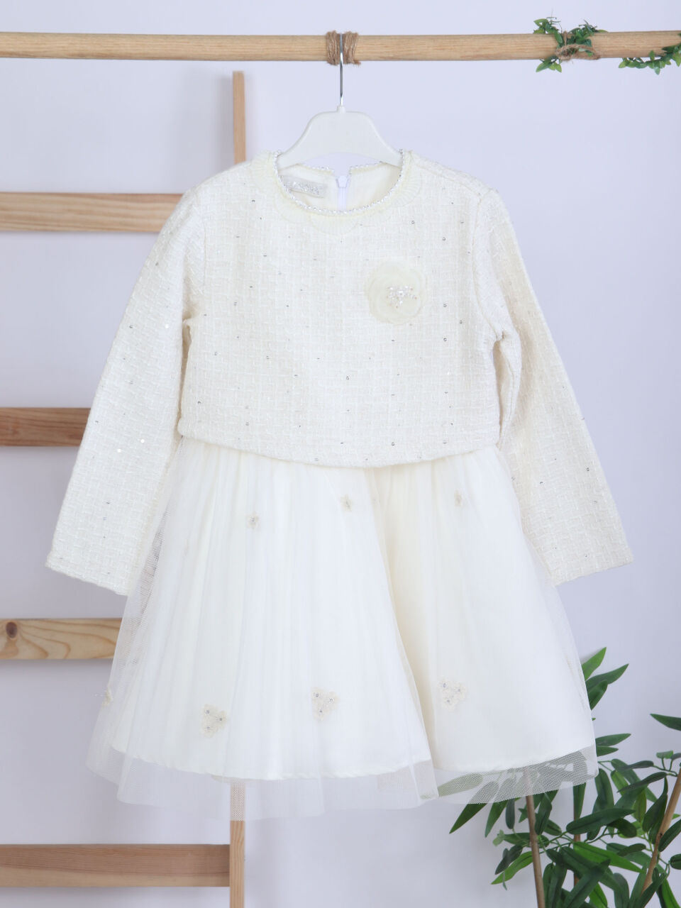 Cream-colored princess-style girl's dress with floral brooch and jacket, ages 4-10. 4422 - 5