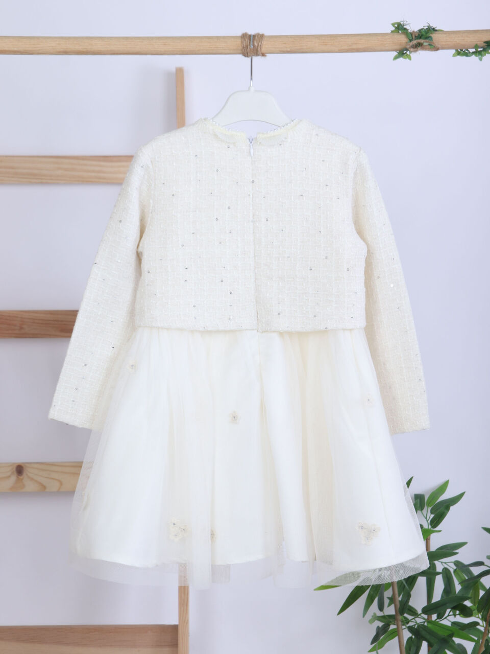 Cream-colored princess-style girl's dress with floral brooch and jacket, ages 4-10. 4422 - 6