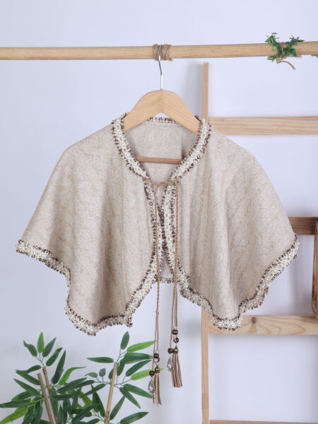 Bej Püsküllü Pançolu Gömlekli ve Bol Paça Pantolonlu 3'lü Kız Çocuk Takım 8-14 Yaş 4430 Ekru - Kahverengi - 5