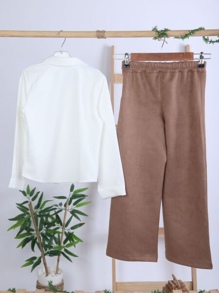 Bej Püsküllü Pançolu Gömlekli ve Bol Paça Pantolonlu 3'lü Kız Çocuk Takım 8-14 Yaş 4430 Ekru - Kahverengi - 9