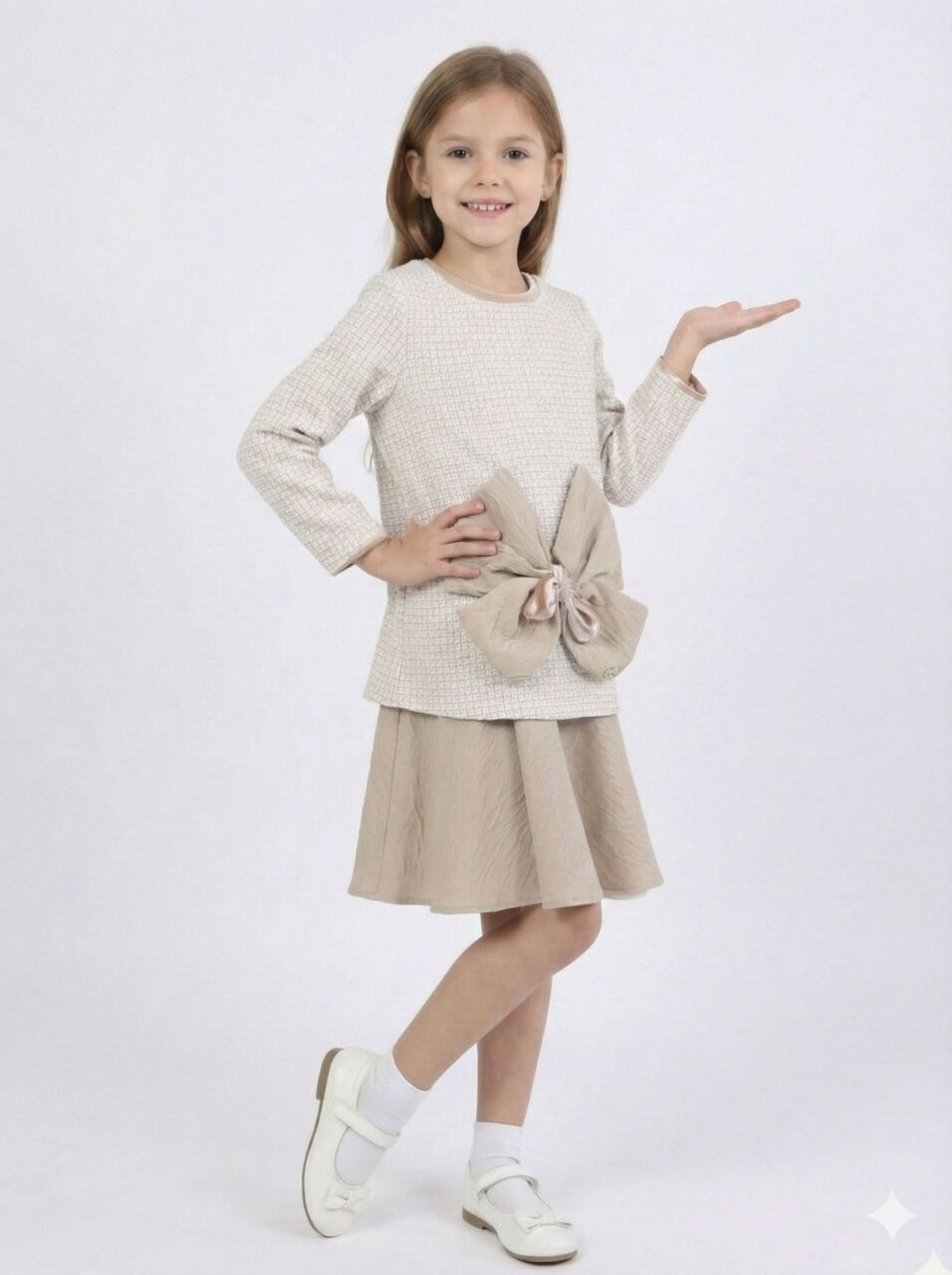 Dev Fiyonklu Tüvit Kumaşlı Deri Etekli Kız Çocuk Elbise 6-14 Yaş 4424 Bej - 4
