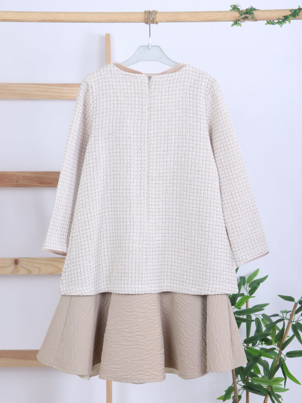 Dev Fiyonklu Tüvit Kumaşlı Deri Etekli Kız Çocuk Elbise 6-14 Yaş 4424 Bej - 6