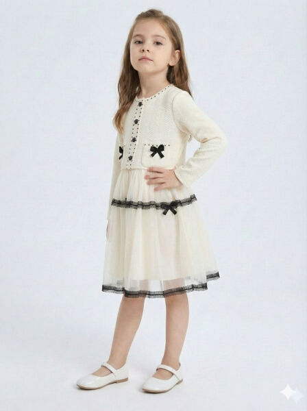 Siyah Fiyonk ve Şerit Detaylı Tüllü Prenses Model Çocuk Elbise 3-7 Yaş 4427 Ekru - 3