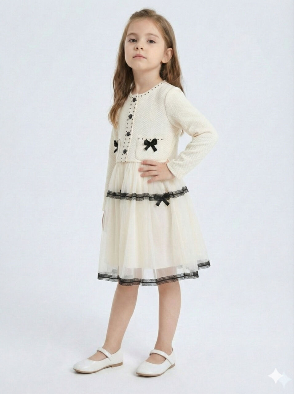 Siyah Fiyonk ve Şerit Detaylı Tüllü Prenses Model Çocuk Elbise 3-7 Yaş 4427 Ekru - 3