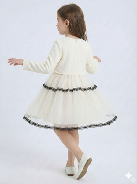 Siyah Fiyonk ve Şerit Detaylı Tüllü Prenses Model Çocuk Elbise 3-7 Yaş 4427 Ekru - 4