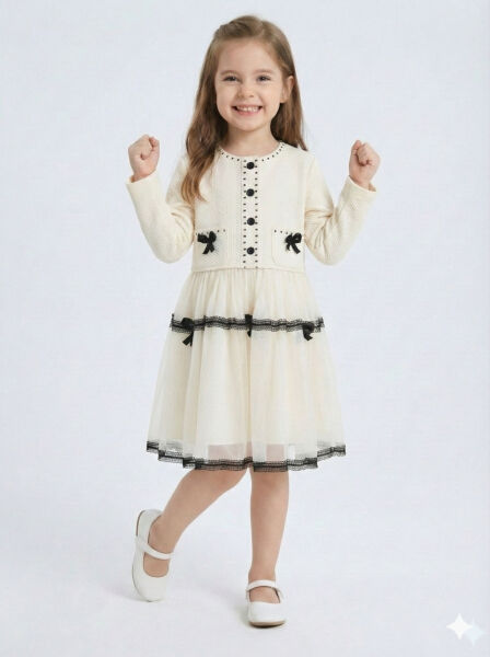 Siyah Fiyonk ve Şerit Detaylı Tüllü Prenses Model Çocuk Elbise 3-7 Yaş 4427 Ekru - 6