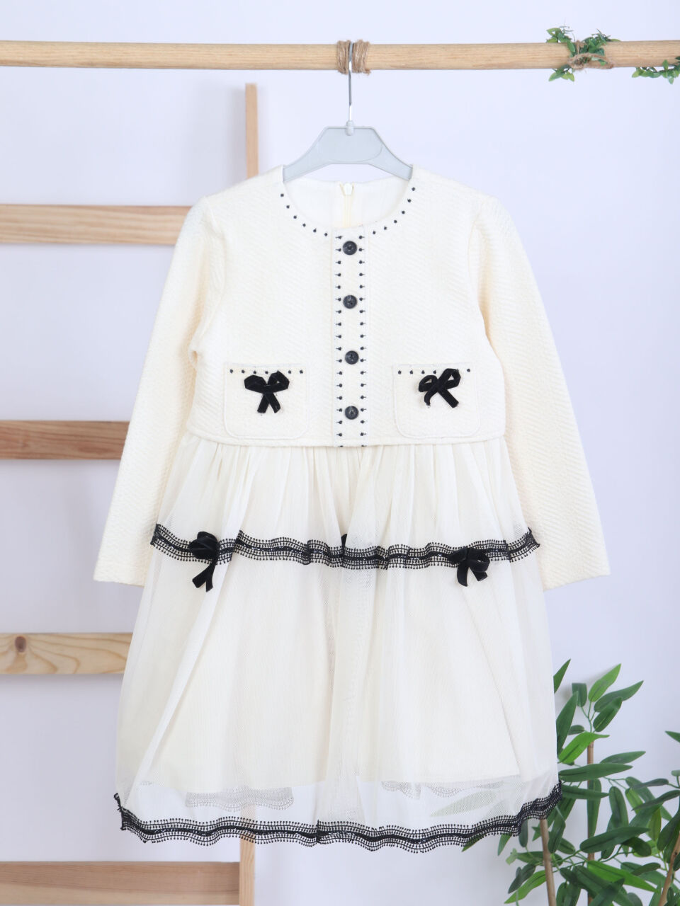 Siyah Fiyonk ve Şerit Detaylı Tüllü Prenses Model Çocuk Elbise 3-7 Yaş 4427 Ekru - 7