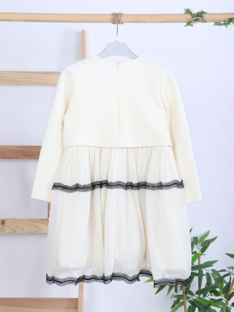 Siyah Fiyonk ve Şerit Detaylı Tüllü Prenses Model Çocuk Elbise 3-7 Yaş 4427 Ekru - 8