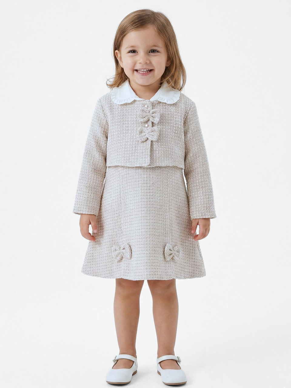Fiyonklu Bebe Yakalı Tüvit Kız Çocuk 3'lü Bej Elbise Takımı 3-7 Yaş 4410 Bej - 1