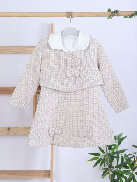 Fiyonklu Bebe Yakalı Tüvit Kız Çocuk 3'lü Bej Elbise Takımı 3-7 Yaş 4410 Bej - 2