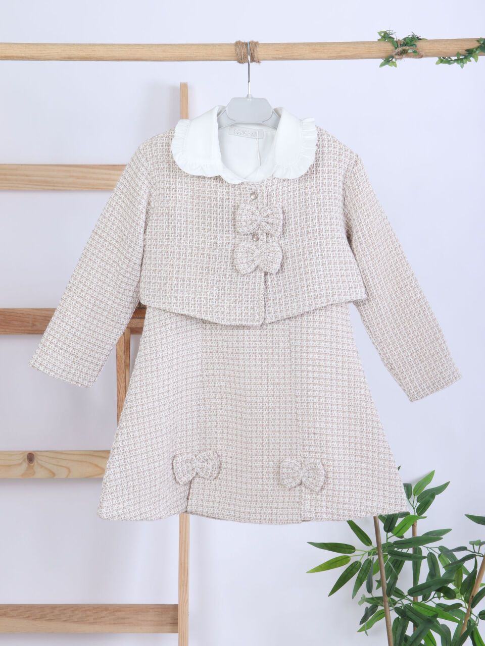 Fiyonklu Bebe Yakalı Tüvit Kız Çocuk 3'lü Bej Elbise Takımı 3-7 Yaş 4410 Bej - 2