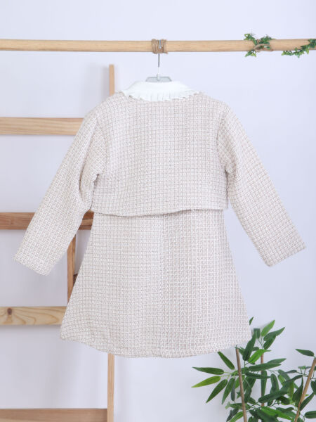 Fiyonklu Bebe Yakalı Tüvit Kız Çocuk 3'lü Bej Elbise Takımı 3-7 Yaş 4410 Bej - 11