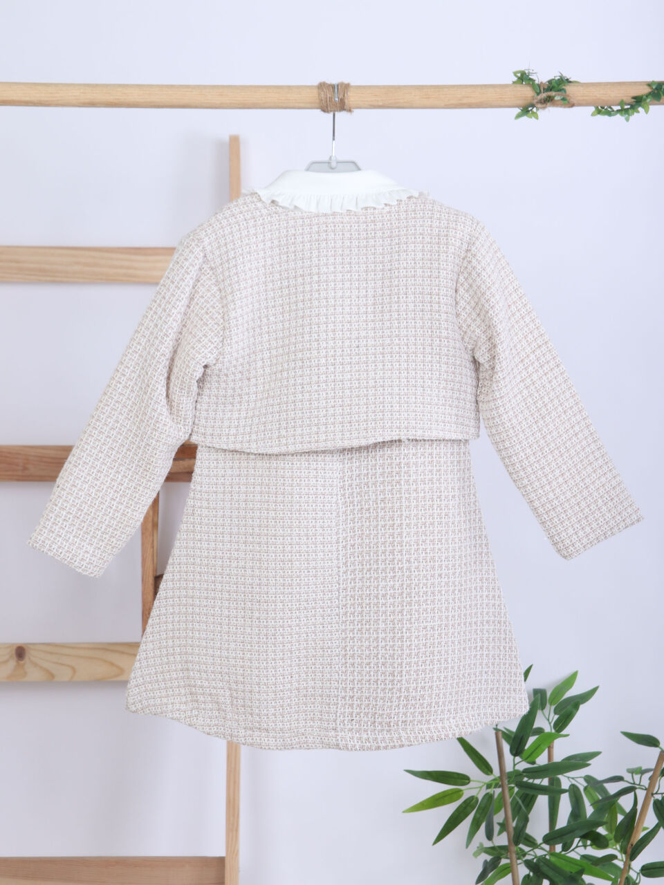 Fiyonklu Bebe Yakalı Tüvit Kız Çocuk 3'lü Bej Elbise Takımı 3-7 Yaş 4410 Bej - 11