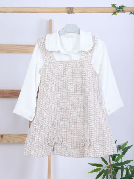 Fiyonklu Bebe Yakalı Tüvit Kız Çocuk 3'lü Bej Elbise Takımı 3-7 Yaş 4410 Bej - 12