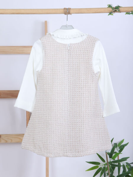 Fiyonklu Bebe Yakalı Tüvit Kız Çocuk 3'lü Bej Elbise Takımı 3-7 Yaş 4410 Bej - 13