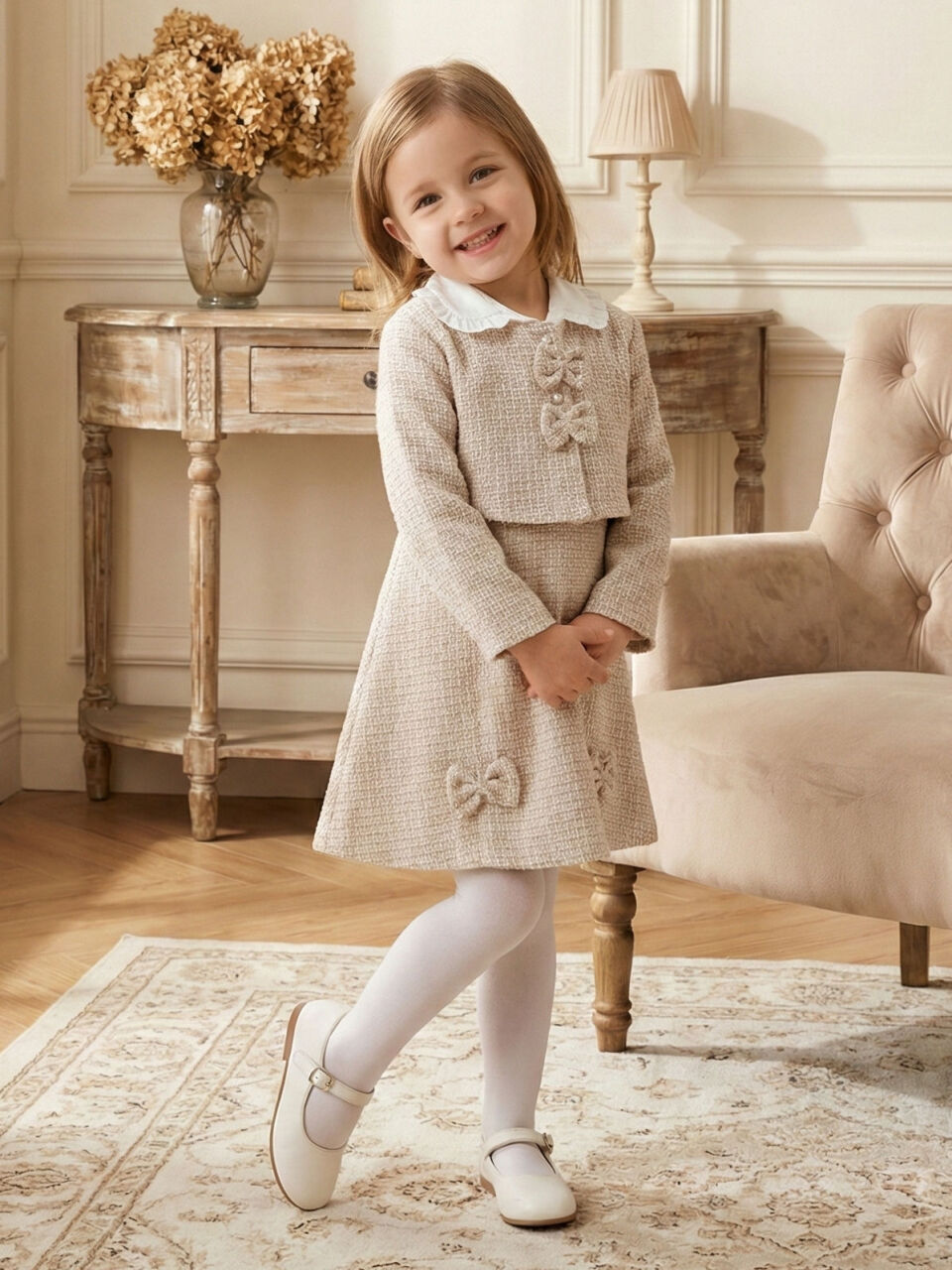 Fiyonklu Bebe Yakalı Tüvit Kız Çocuk 3'lü Bej Elbise Takımı 3-7 Yaş 4410 Bej - 3