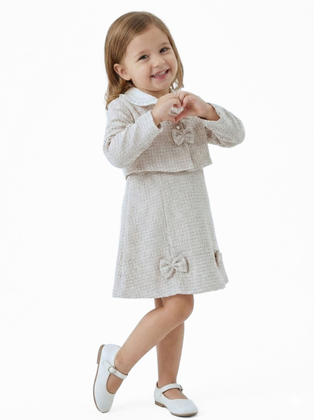 Fiyonklu Bebe Yakalı Tüvit Kız Çocuk 3'lü Bej Elbise Takımı 3-7 Yaş 4410 Bej - 4