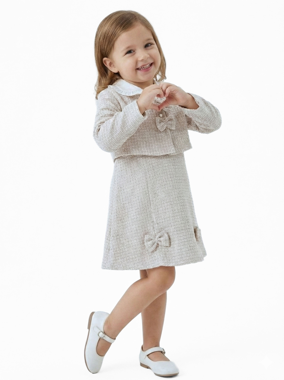 Fiyonklu Bebe Yakalı Tüvit Kız Çocuk 3'lü Bej Elbise Takımı 3-7 Yaş 4410 Bej - 4