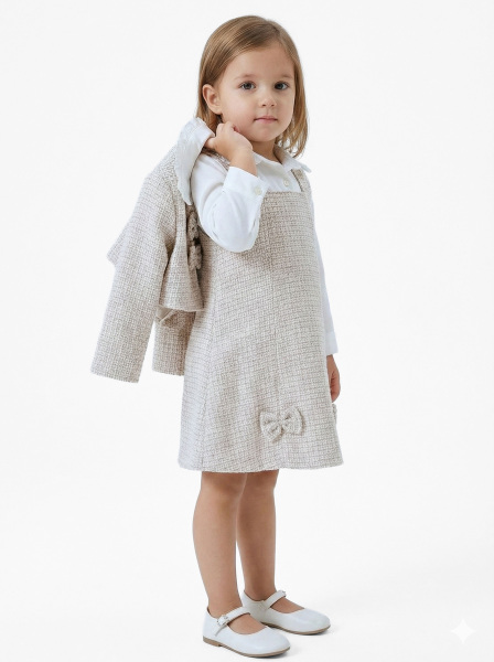 Fiyonklu Bebe Yakalı Tüvit Kız Çocuk 3'lü Bej Elbise Takımı 3-7 Yaş 4410 Bej - 5