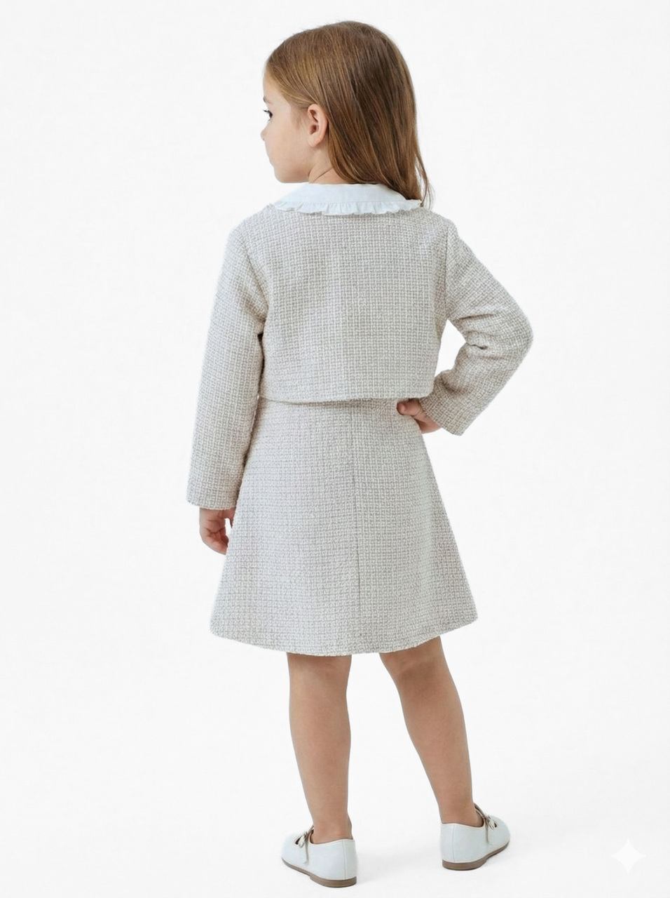 Fiyonklu Bebe Yakalı Tüvit Kız Çocuk 3'lü Bej Elbise Takımı 3-7 Yaş 4410 Bej - 6