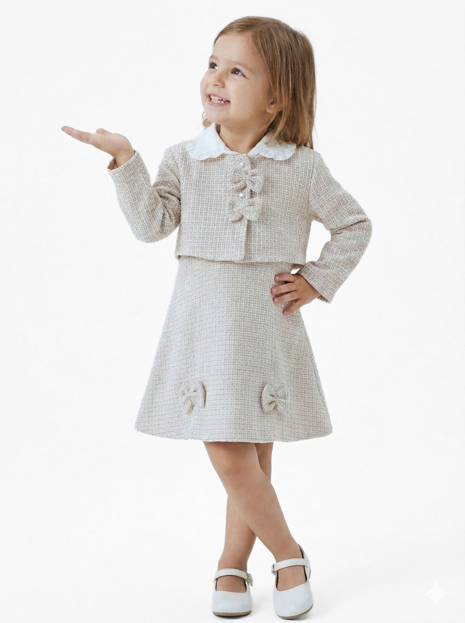 Fiyonklu Bebe Yakalı Tüvit Kız Çocuk 3'lü Bej Elbise Takımı 3-7 Yaş 4410 Bej - 7