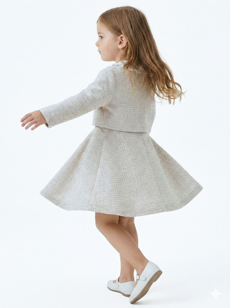 Fiyonklu Bebe Yakalı Tüvit Kız Çocuk 3'lü Bej Elbise Takımı 3-7 Yaş 4410 Bej - 9